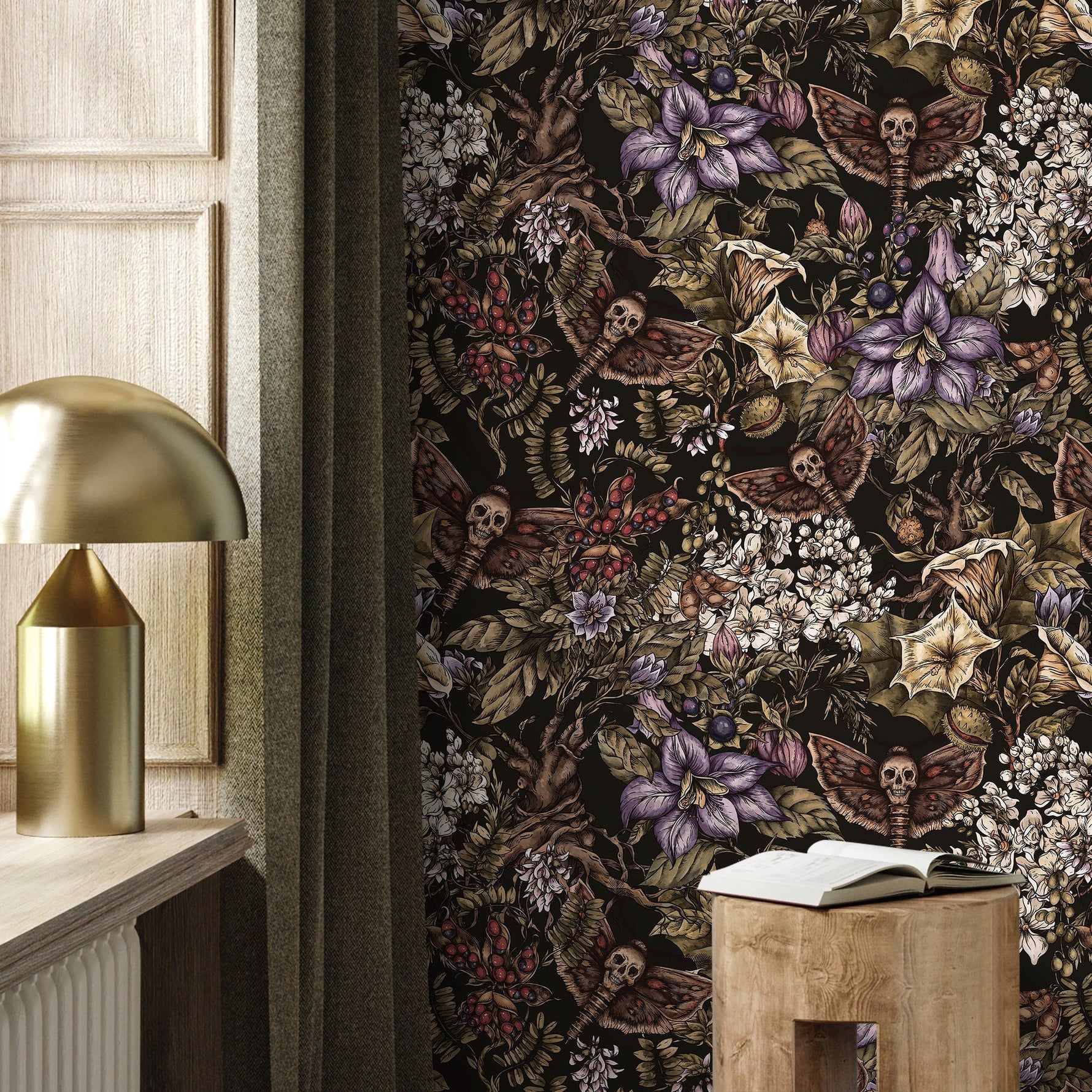 Dark Botanical Wallpaper Gothic Floral Wallpaper Peel and Stick and Traditional Wallpaper - D932
