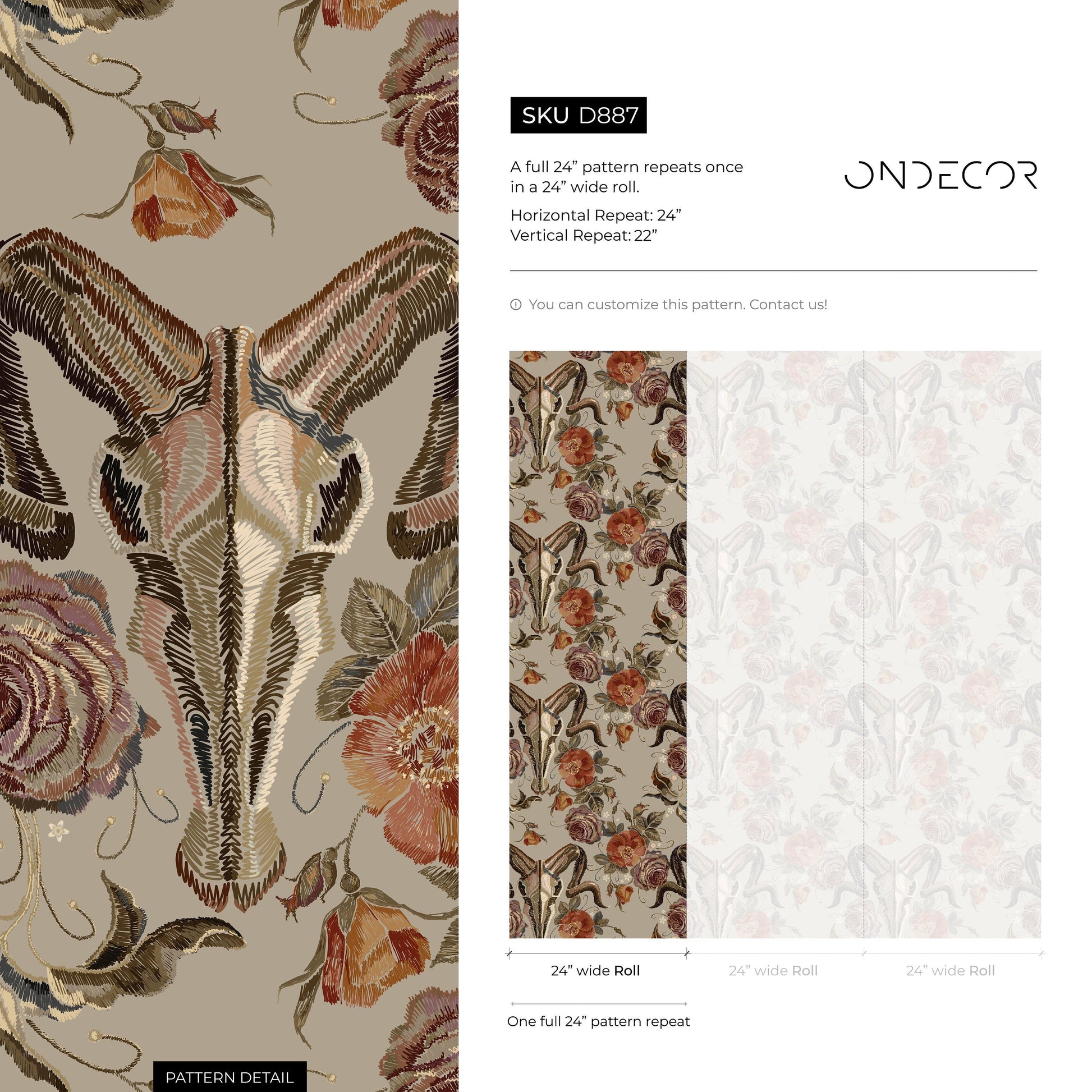 Goat Skull Wallpaper Vintage Floral Wallpaper Peel and Stick and Traditional Wallpaper - D887