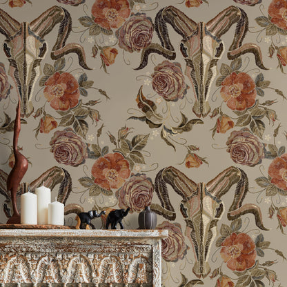 Goat Skull Wallpaper Vintage Floral Wallpaper Peel and Stick and Traditional Wallpaper - D887