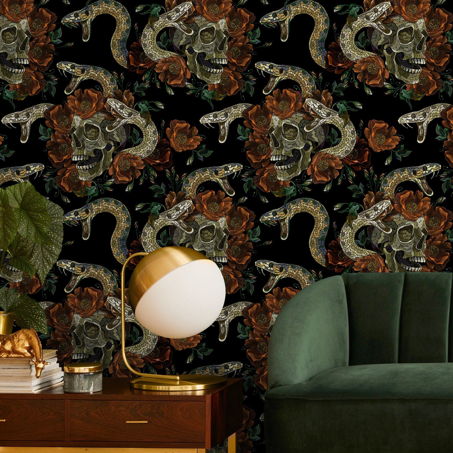 Dark Floral Wallpaper Snake and Skulls Wallpaper Peel and Stick and Traditional Wallpaper - D901