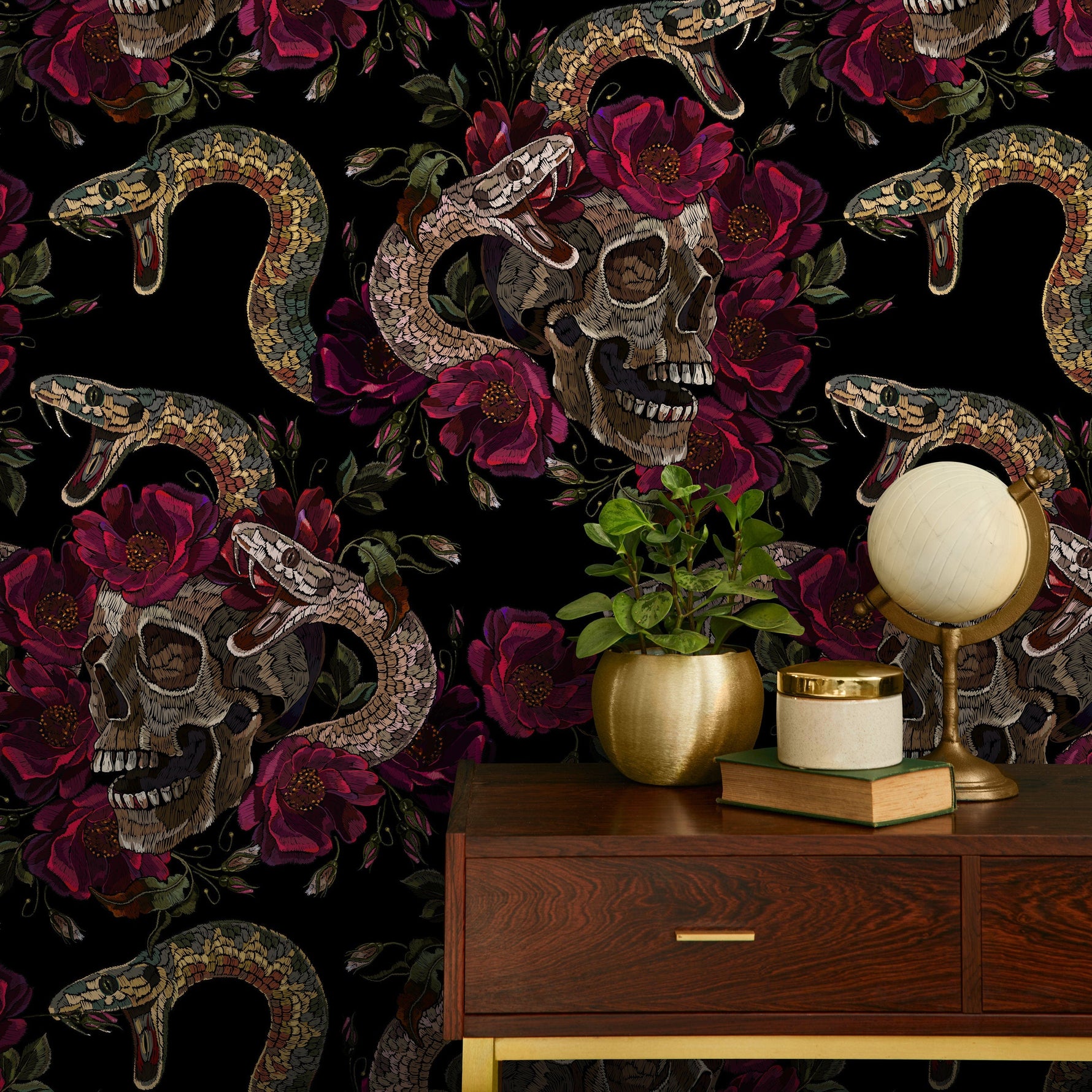 Dark Snake and Skull Wallpaper Maximalist Wallpaper Peel and Stick and Traditional Wallpaper - D903