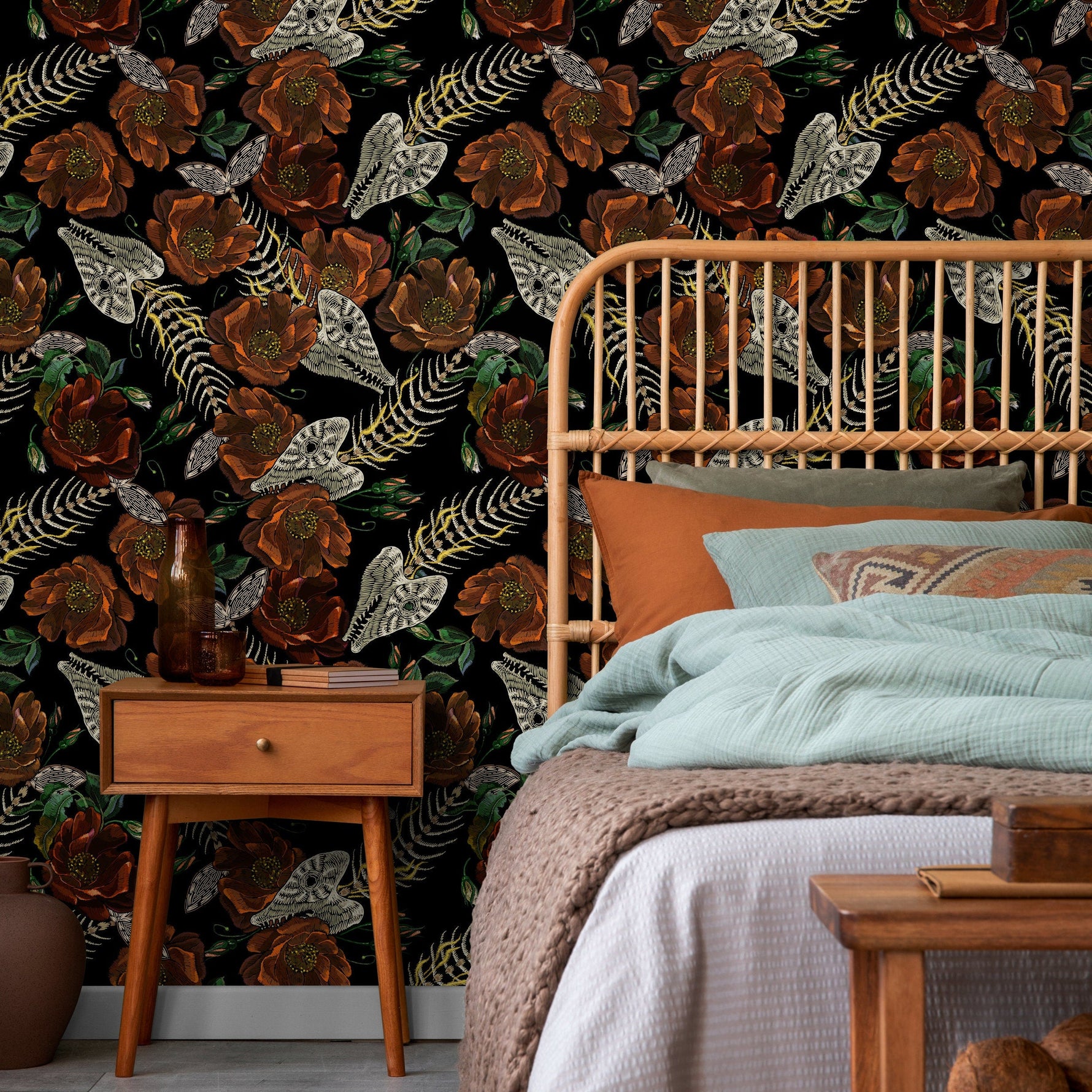 Vintage Floral Wallpaper Fish Skeleton Wallpaper Peel and Stick and Traditional Wallpaper - D913
