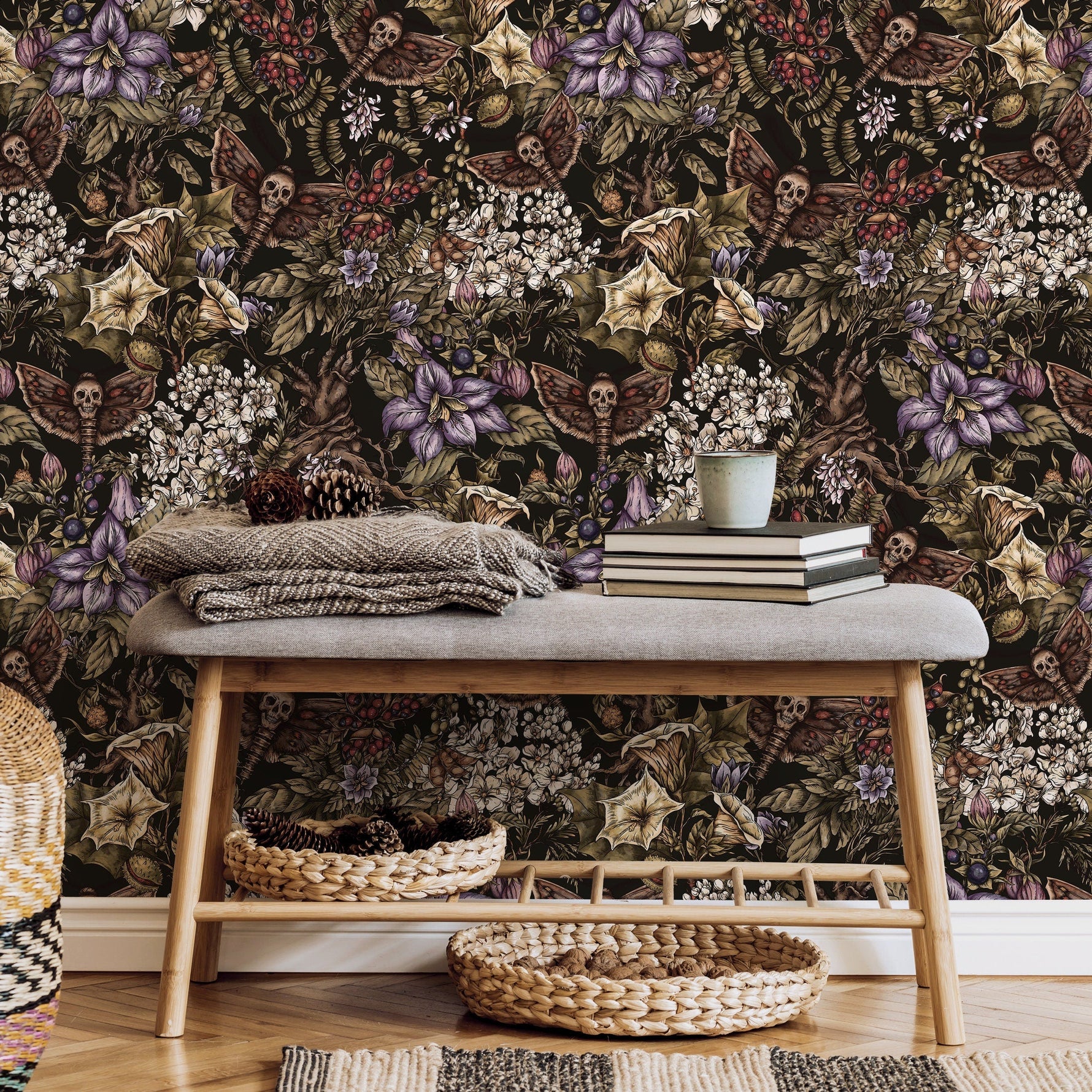Dark Botanical Wallpaper Gothic Floral Wallpaper Peel and Stick and Traditional Wallpaper - D932