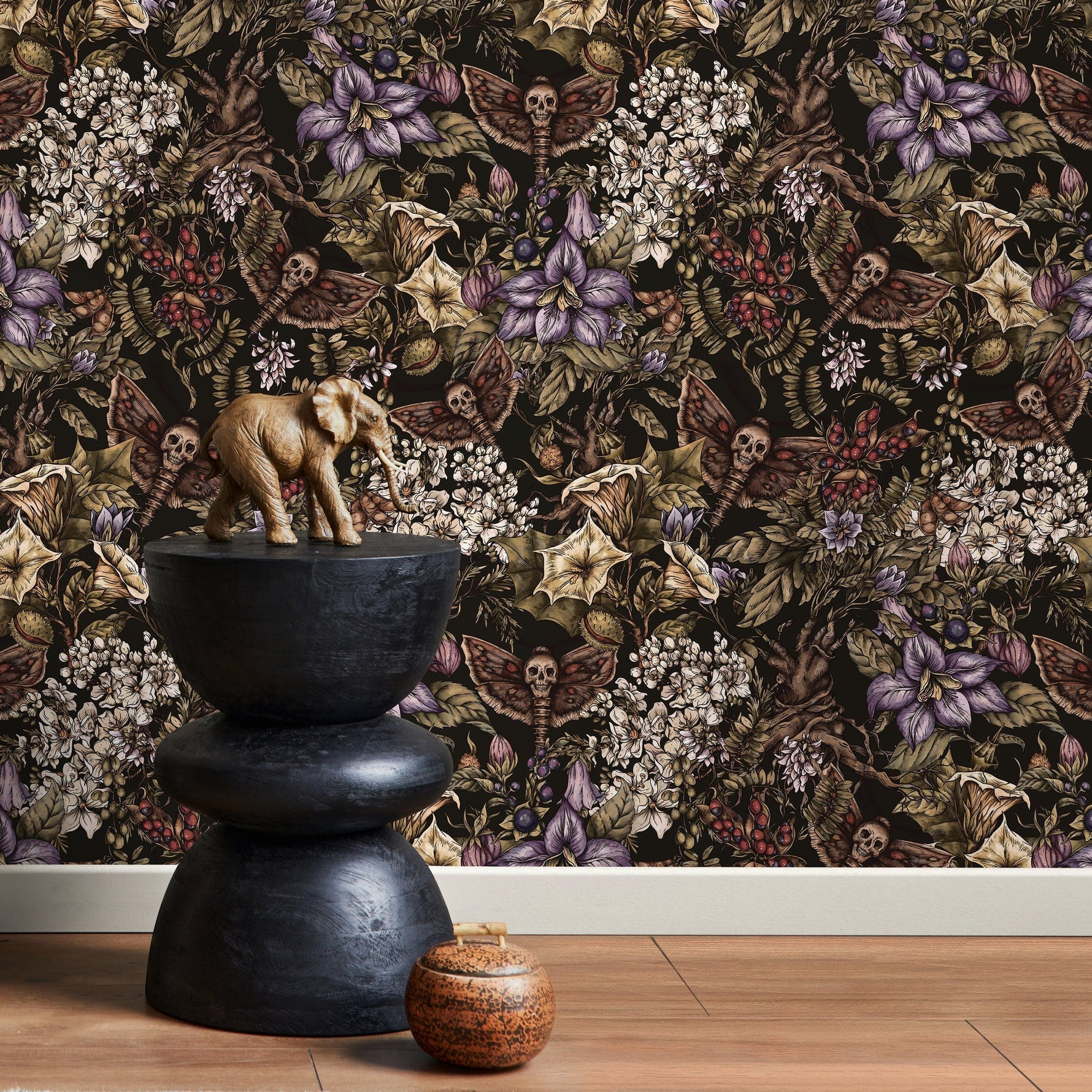 Dark Botanical Wallpaper Gothic Floral Wallpaper Peel and Stick and Traditional Wallpaper - D932