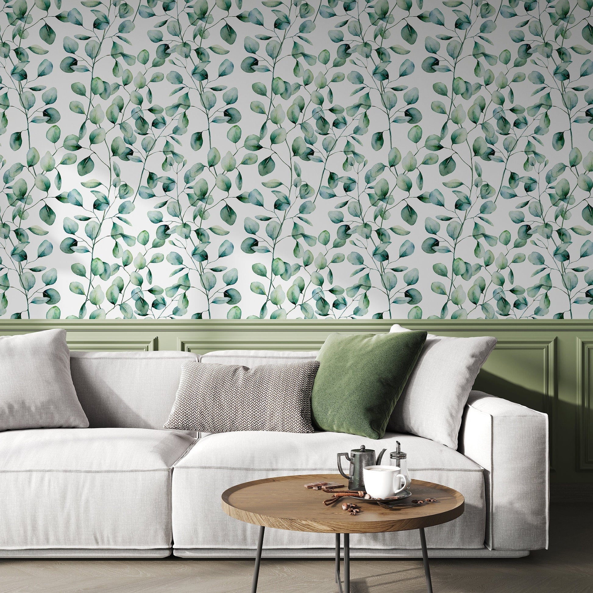 Wallpaper Peel and Stick Wallpaper Removable Wallpaper Home Decor Wall Art Wall Decor Room Decor / Green Leaves Watercolor Wallpaper - A655