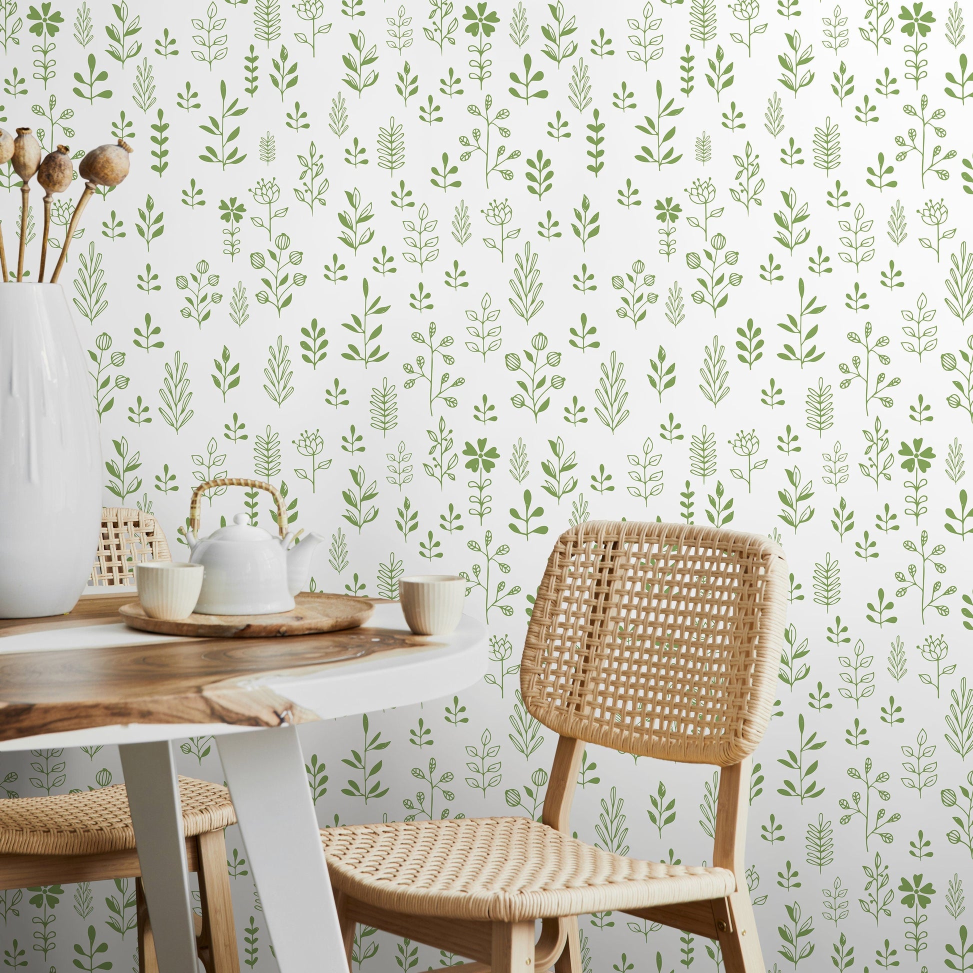 Green Minimalist Leaf Wallpaper Boho Plant Wallpaper Peel and Stick and Traditional Wallpaper - A365