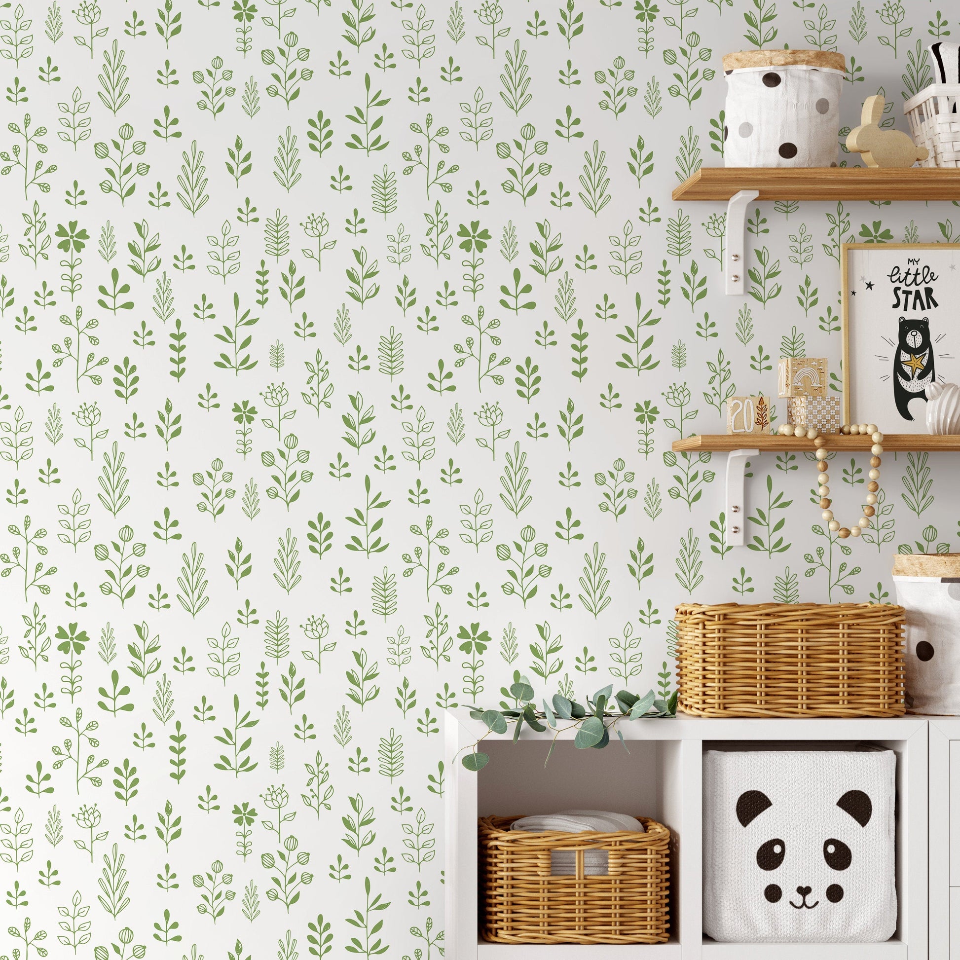 Green Minimalist Leaf Wallpaper Boho Plant Wallpaper Peel and Stick and Traditional Wallpaper - A365