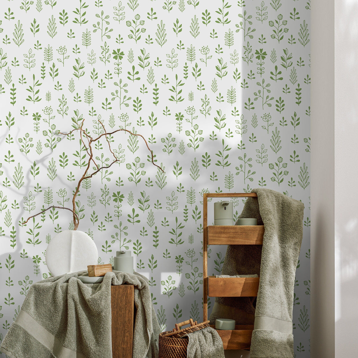 Green Minimalist Leaf Wallpaper Boho Plant Wallpaper Peel and Stick and Traditional Wallpaper - A365