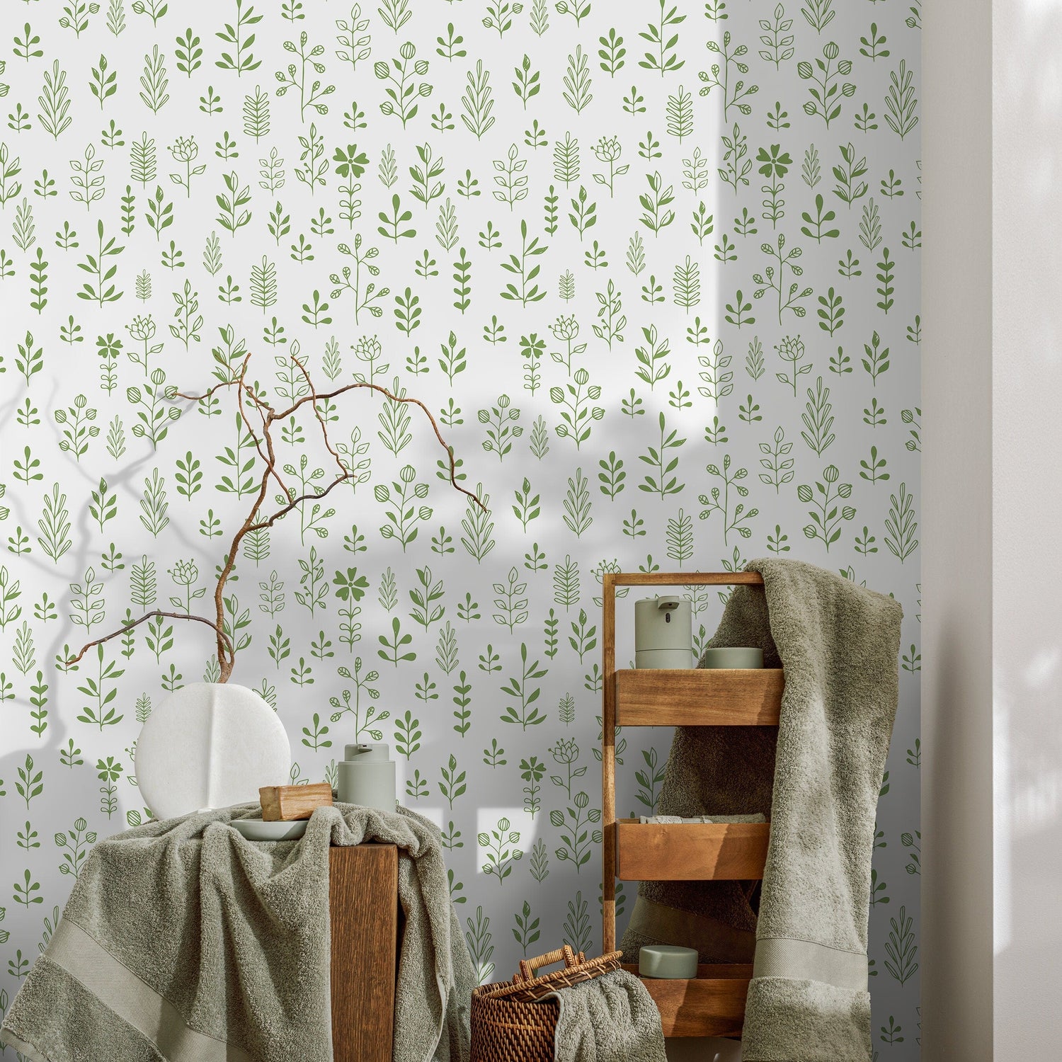 Green Minimalist Leaf Wallpaper Boho Plant Wallpaper Peel and Stick and Traditional Wallpaper - A365