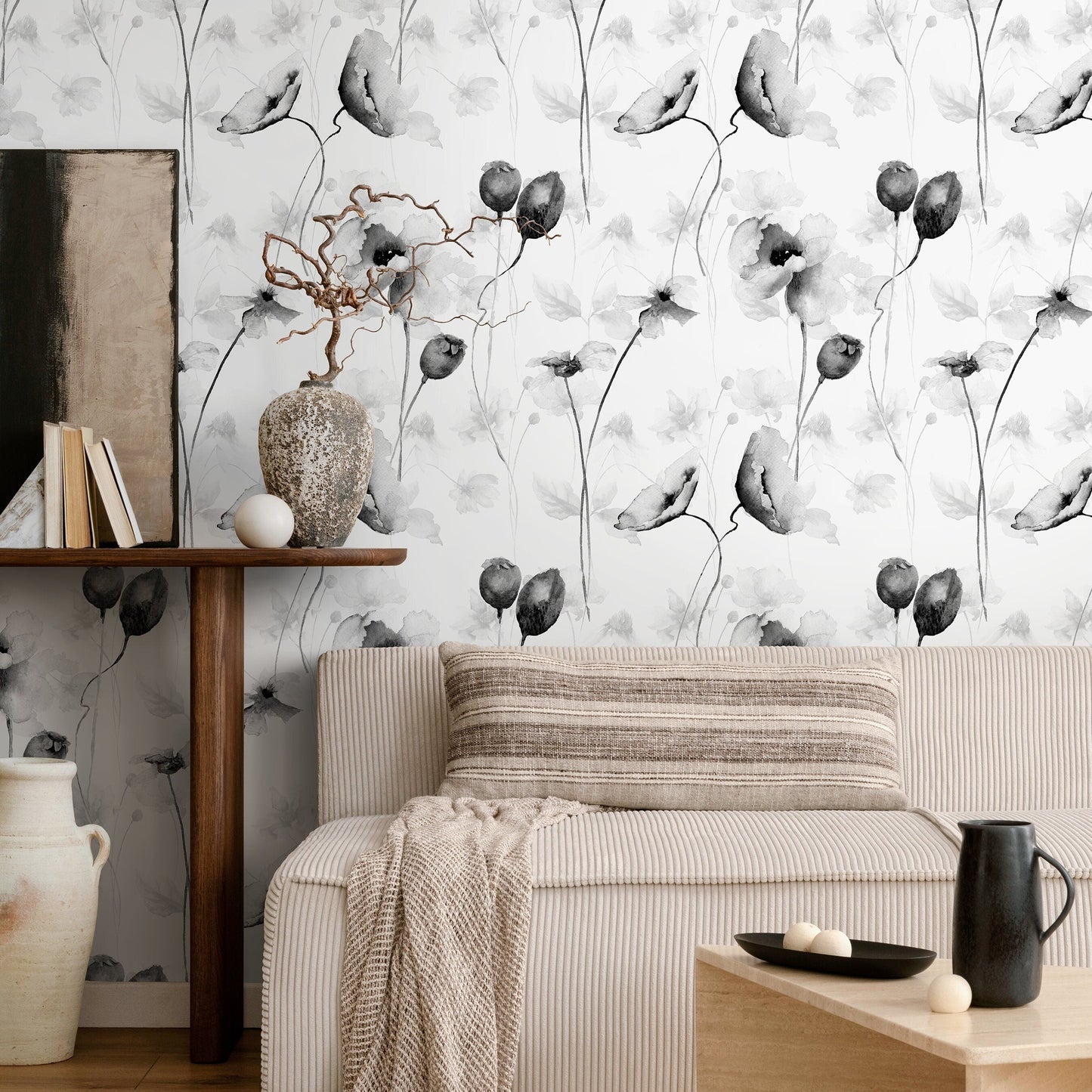 Black and White Floral Wallpaper Vintage Wallpaper Peel and Stick and Traditional Wallpaper - A383