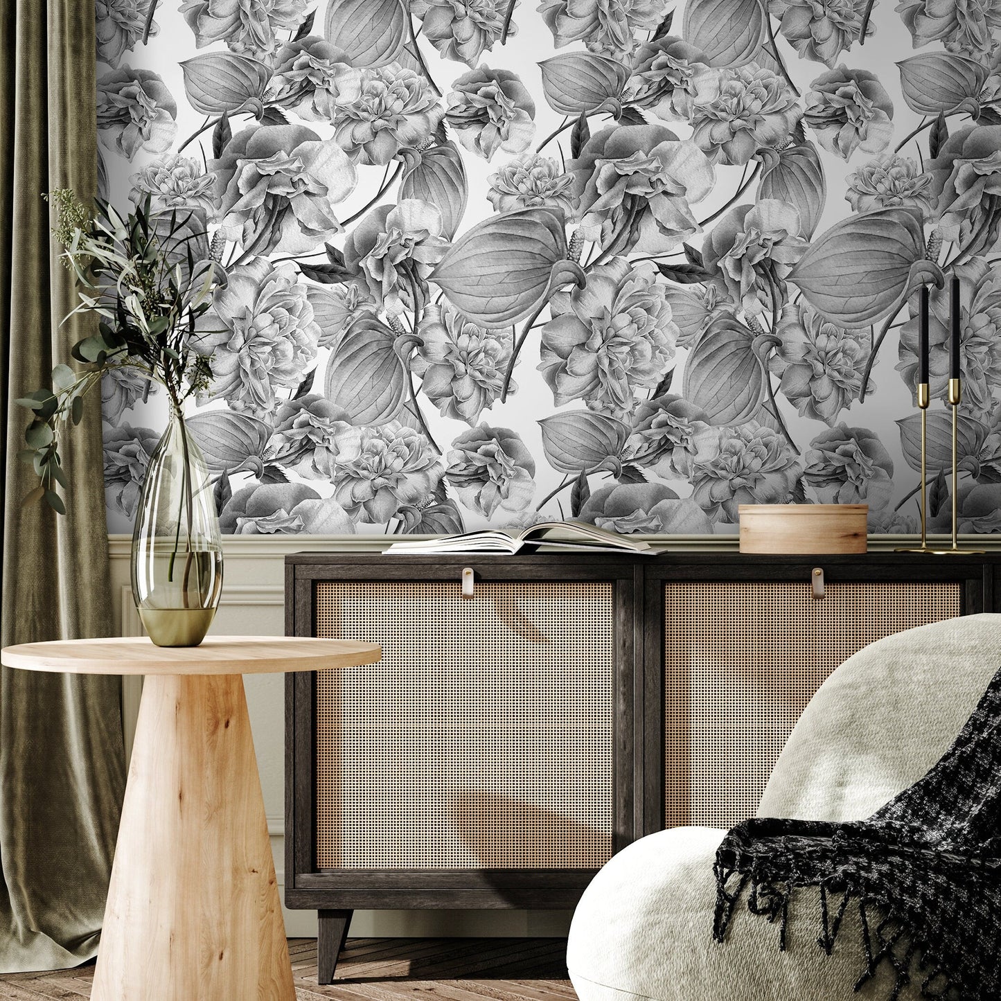 Removable Wallpaper Peel and Stick Wallpaper Wall Paper Wall Mural - Grayscale Tropical Wallpaper - D973