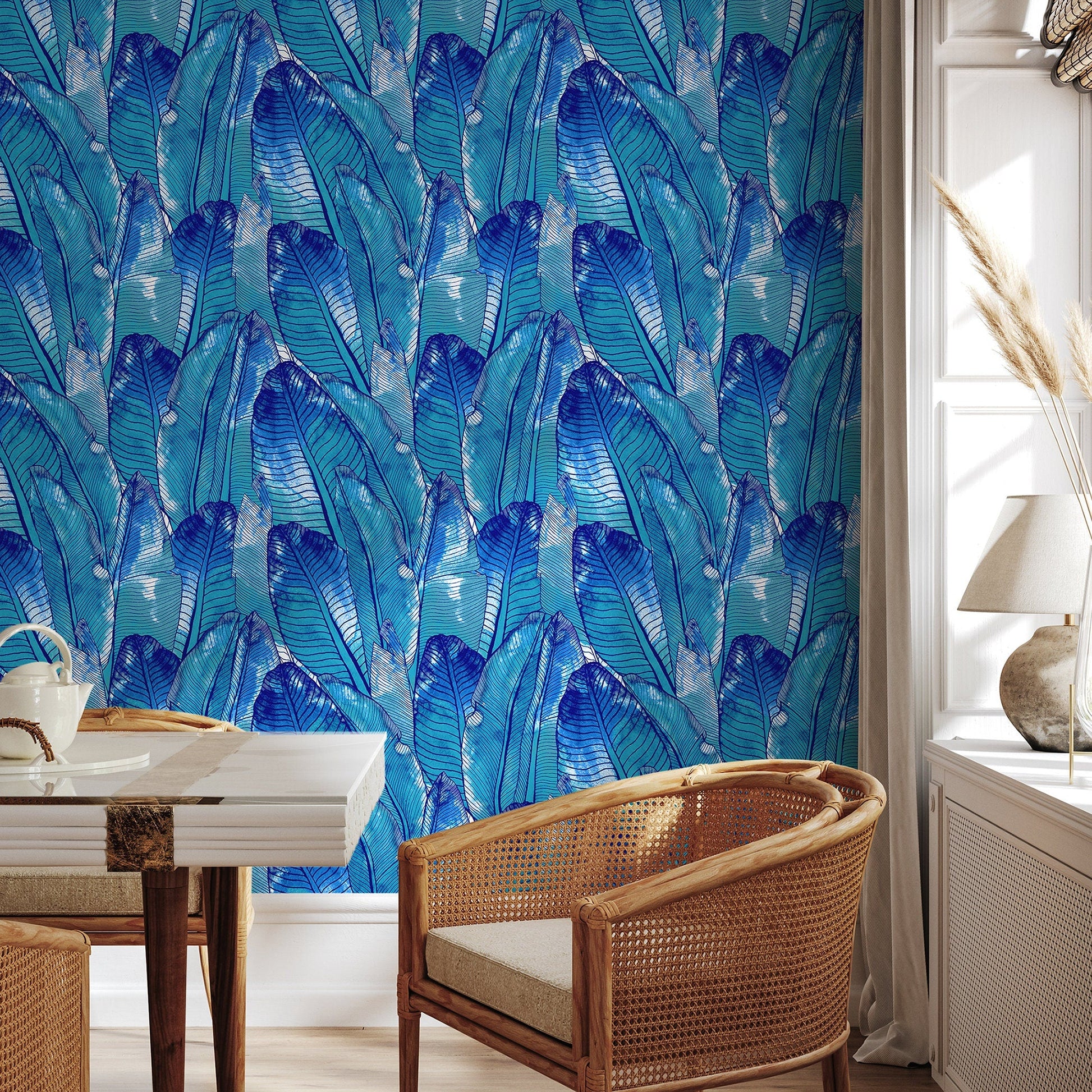 Tropical Wallpaper Blue Banana Leaf Wallpaper Peel and Stick and Traditional Wallpaper - A513