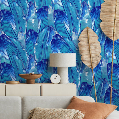 Tropical Wallpaper Blue Banana Leaf Wallpaper Peel and Stick and Traditional Wallpaper - A513