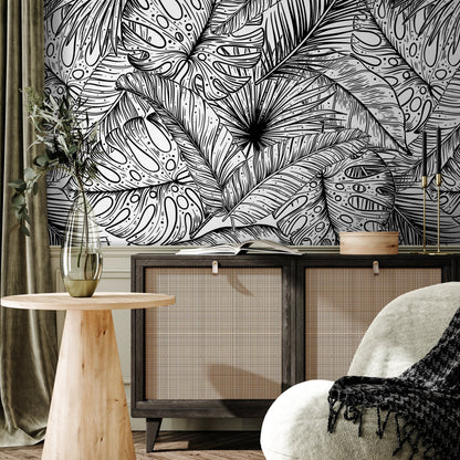 Black and White Wallpaper Tropical Leaves Wallpaper Peel and Stick and Traditional Wallpaper - A535