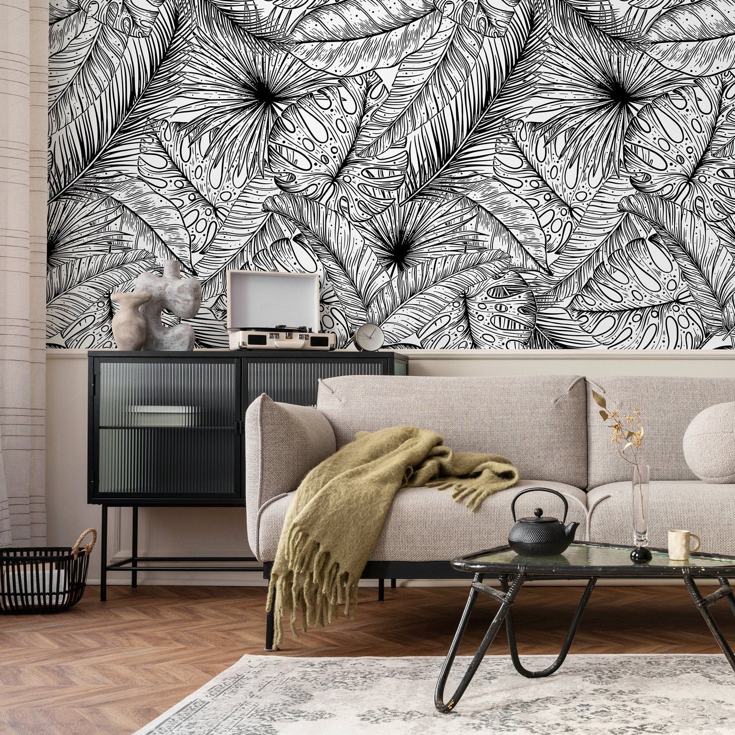 Black and White Wallpaper Tropical Leaves Wallpaper Peel and Stick and Traditional Wallpaper - A535