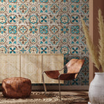 Portuguese Tile Wallpaper Geometric Wallpaper Moroccan Wallpaper Spanish Peel and Stick and Traditional Wallpaper Teal Brown - A552
