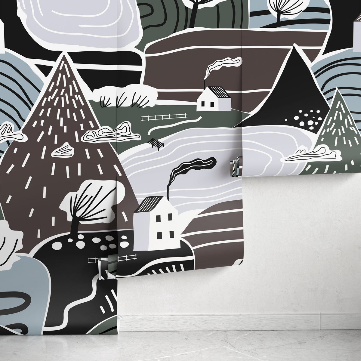 Mountain Farmhouse Wallpaper Landscape Mural Peel and Stick and Traditional Wallpaper - A567
