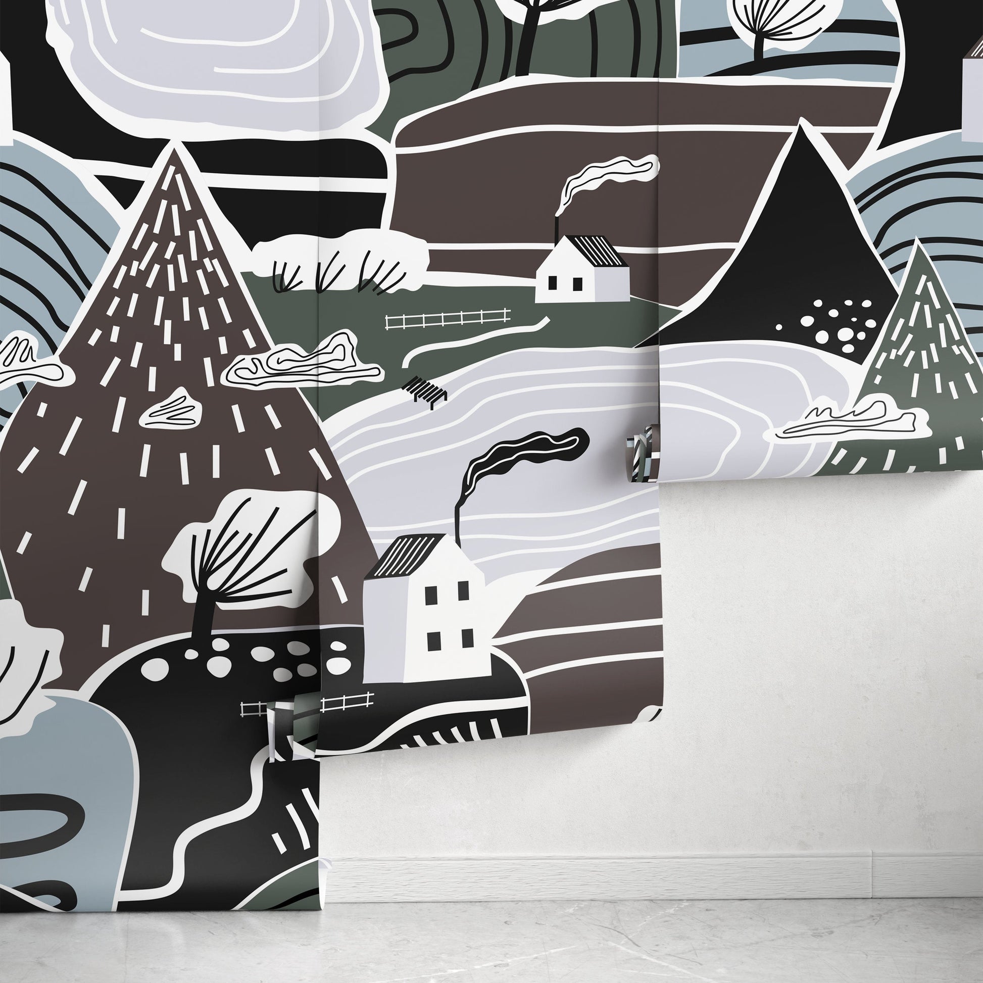 Mountain Farmhouse Wallpaper Landscape Mural Peel and Stick and Traditional Wallpaper - A567