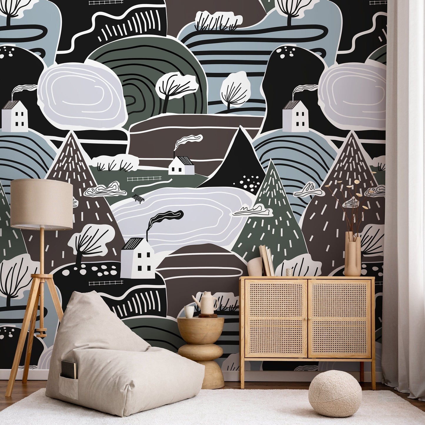 Mountain Farmhouse Wallpaper Landscape Mural Peel and Stick and Traditional Wallpaper - A567