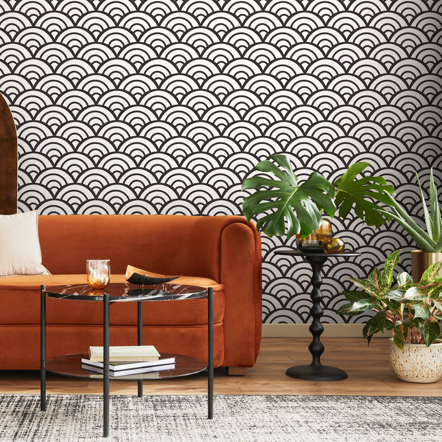 Black and White Wallpaper Boho Scollops Wallpaper Peel and Stick and Traditional Wallpaper - A590