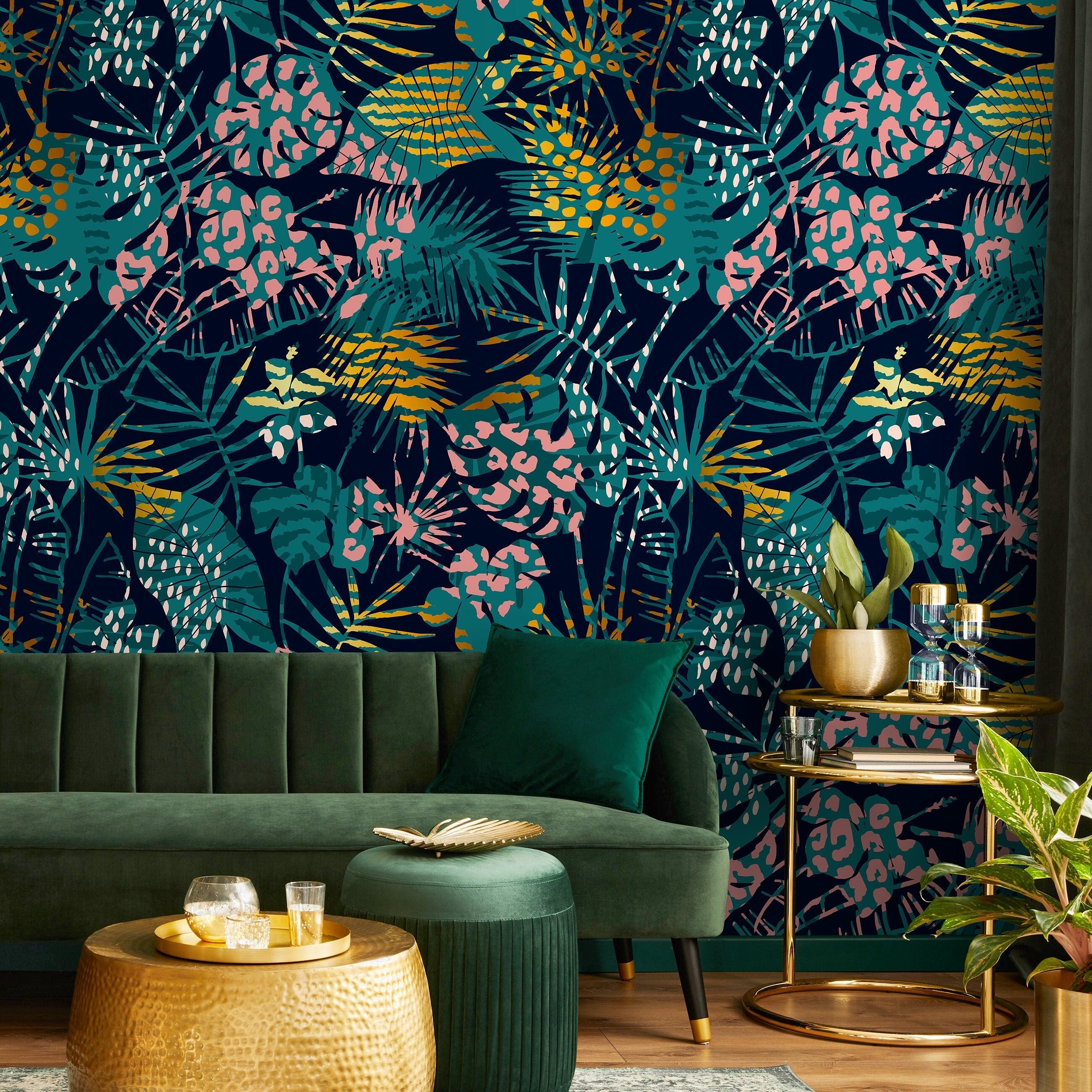 Tropical hot Removable Wallpaper, Tropical Leaves Peel and Stick Wall Decor, Botanical Traditional Wall Covering, W159