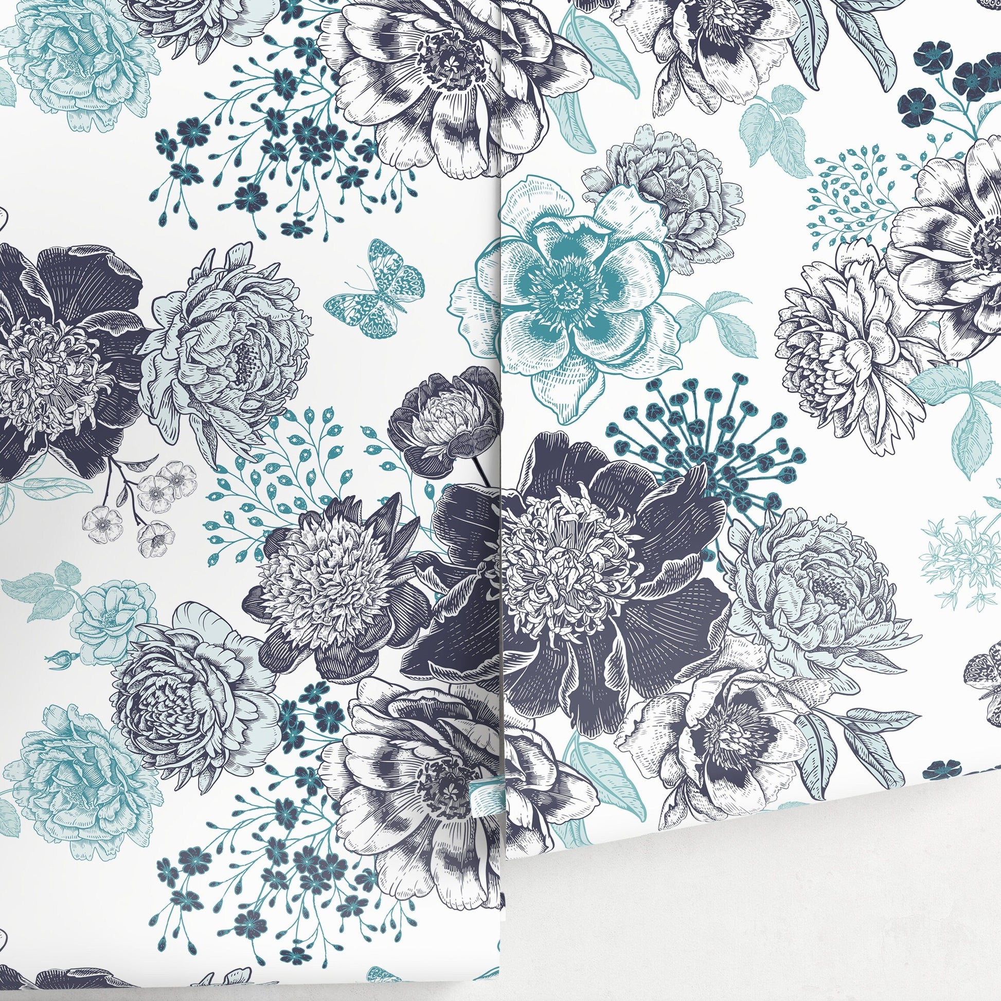 Butterfly and Floral Wallpaper Blue Vintage Wallpaper Peel and Stick and Traditional Wallpaper - A920