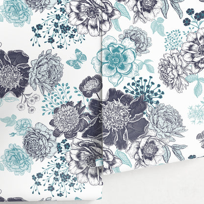 Butterfly and Floral Wallpaper Blue Vintage Wallpaper Peel and Stick and Traditional Wallpaper - A920