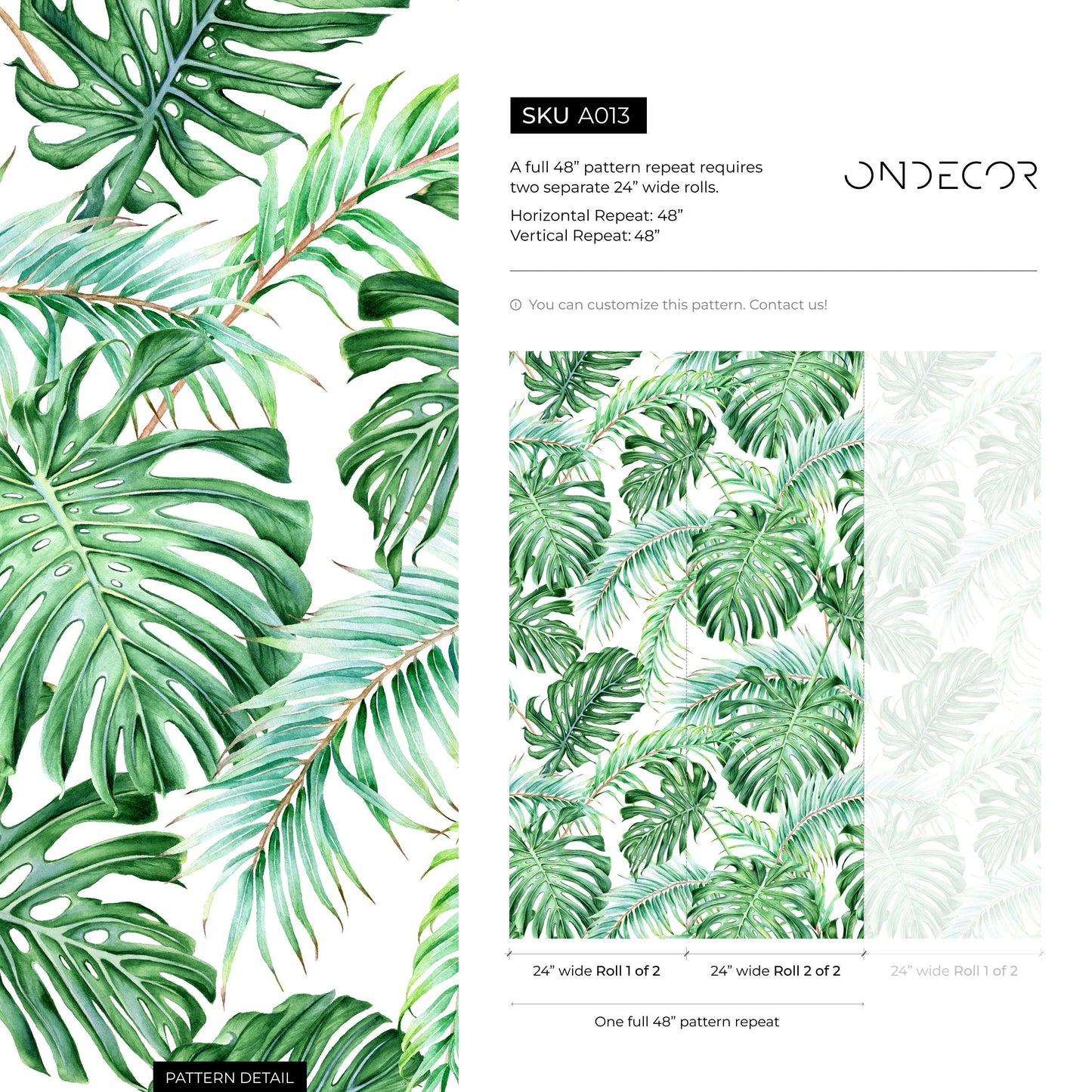 Wall Decor Wallpaper Peel and Stick Wallpaper Removable Wallpaper Home Decor Wall Art / Green Tropical Leaves Jungle Wallpaper - A013