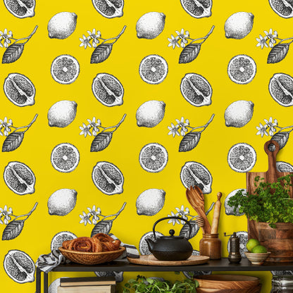 Wallpaper Removable Wallpaper Peel and Stick Wallpaper Wall Decor Home Decor Wall Art Room Decor / Yellow Vintage Lemon Wallpaper - A017