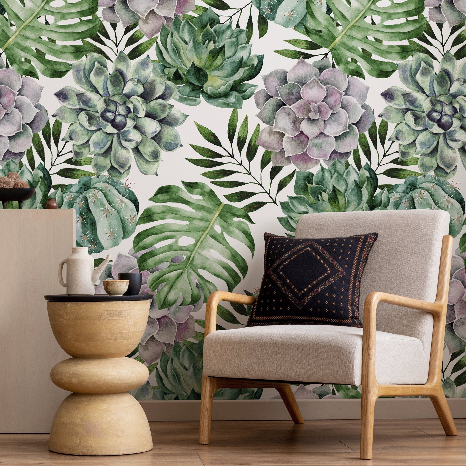 Wallpaper Peel and Stick Wallpaper Removable Wallpaper Home Decor Wall Decor Room Decor / Monstera and Succulent Leaves Wallpaper - A020