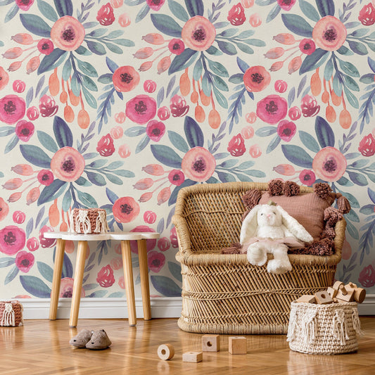 Floral Watercolor Wallpaper Nursery Flowers Wallpaper Peel and Stick Wallpaper Home Decor - A264