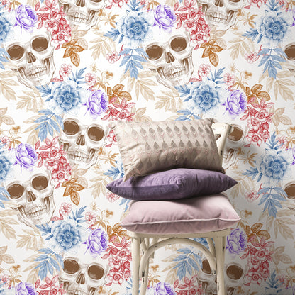 Colorful Tropical Skull Wallpaper Floral Gothic Wallpaper Peel and Stick and Traditional Wallpaper - A364