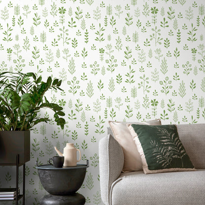 Green Minimalist Leaf Wallpaper Boho Plant Wallpaper Peel and Stick and Traditional Wallpaper - A365