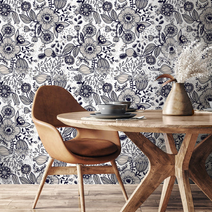 Floral Drawing Wallpaper Boho Wallpaper Peel and Stick and Traditional Wallpaper - A406