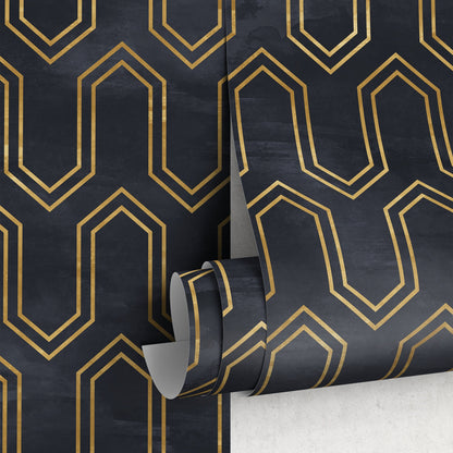 Removable Wallpaper Peel and Stick Wallpaper Wall Paper Wall Mural - Art Deco Black and Non-Metalic Yellow Gold Color - A436