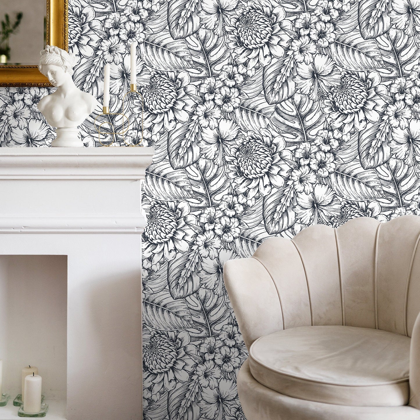 Removable Wallpaper Peel and Stick Wallpaper Wall Paper Wall Mural - Hand Draw Floral Wallpaper - A462