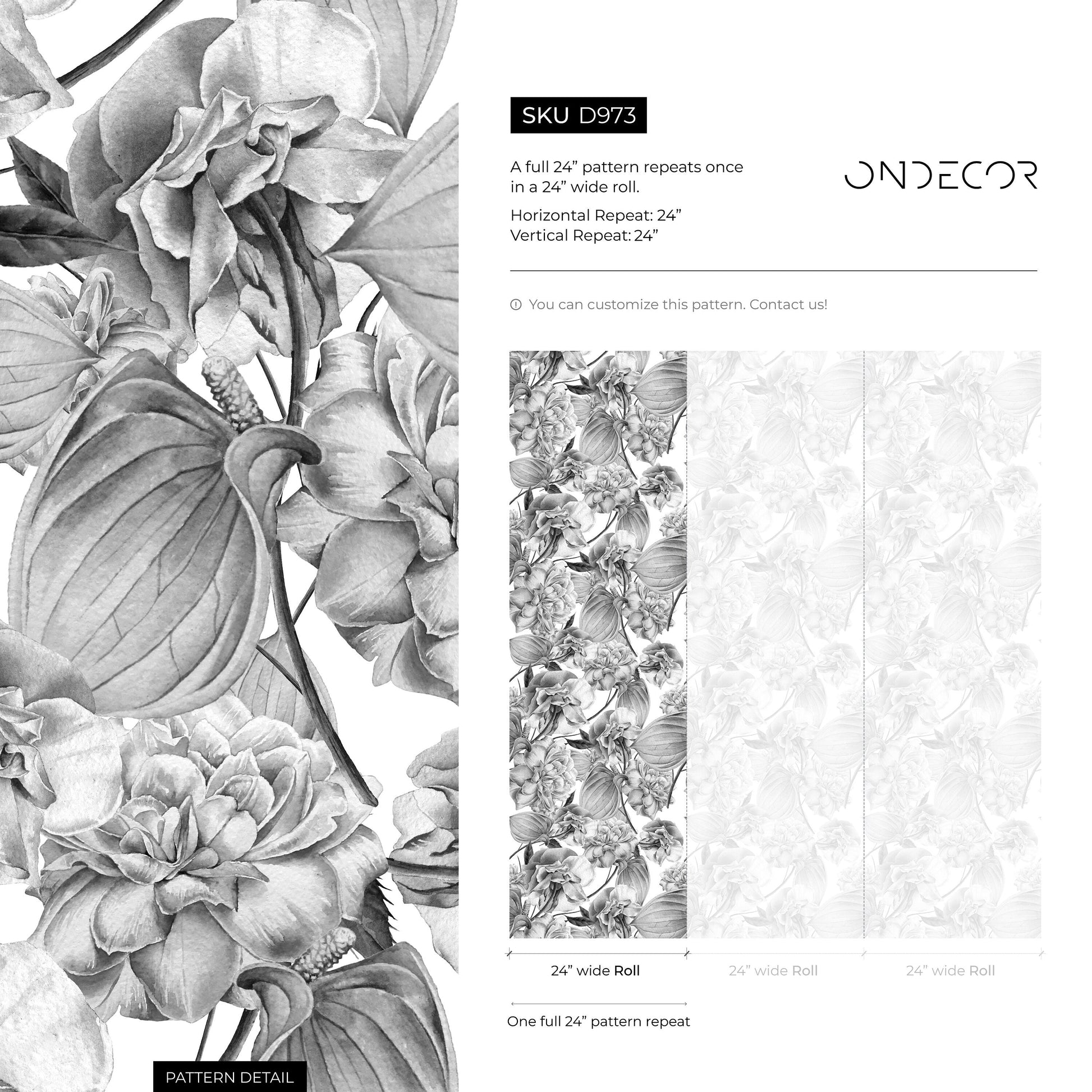 Removable Wallpaper Peel and Stick Wallpaper Wall Paper Wall Mural - Grayscale Tropical Wallpaper - D973