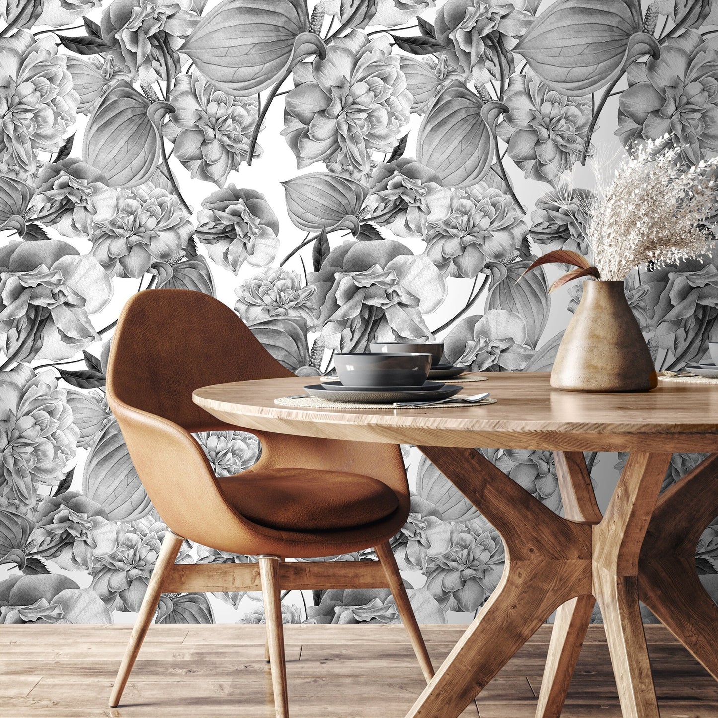 Removable Wallpaper Peel and Stick Wallpaper Wall Paper Wall Mural - Grayscale Tropical Wallpaper - D973