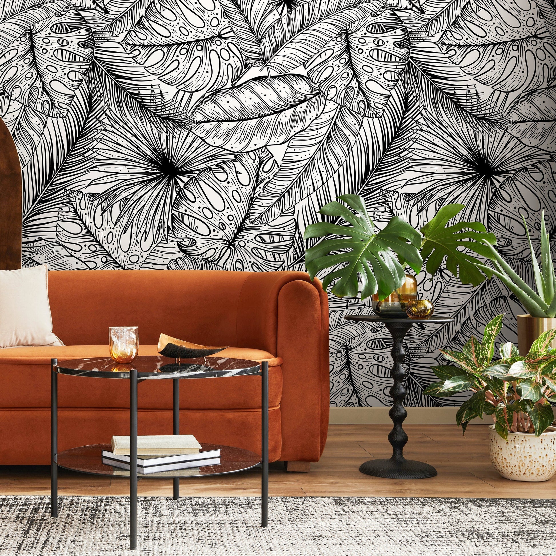 Black and White Wallpaper Tropical Leaves Wallpaper Peel and Stick and Traditional Wallpaper - A535