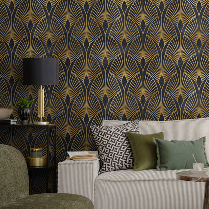 Removable Wallpaper Peel and Stick Wallpaper Wall Paper Wall Mural - Art Deco Black and Non-Metalic Yellow Gold Color - A537