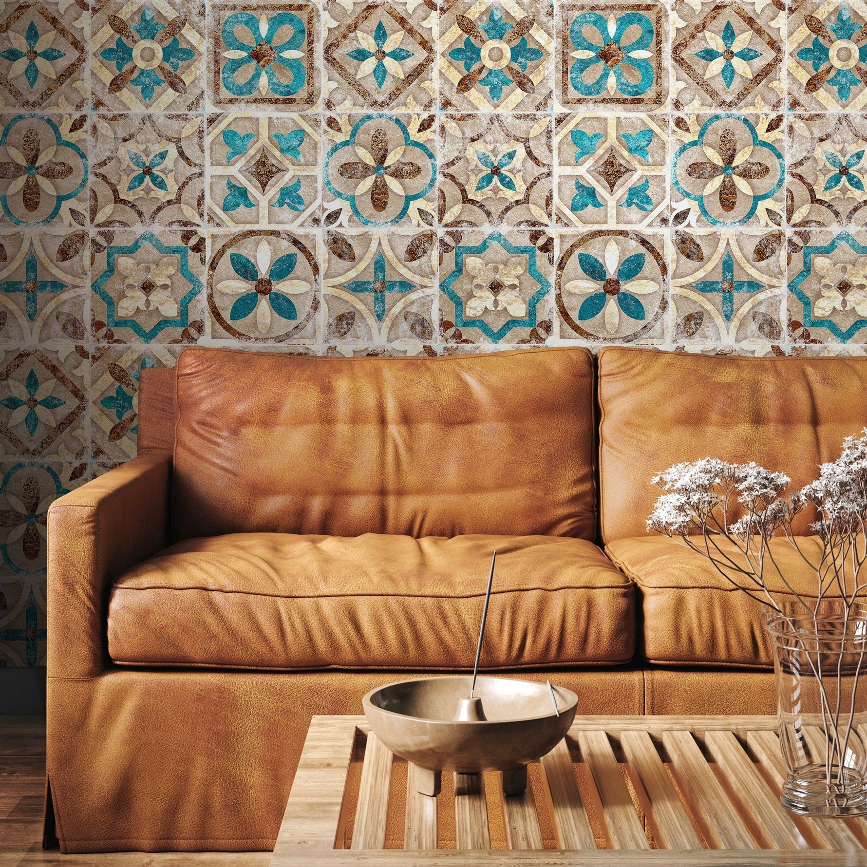 Portuguese Tile Wallpaper Geometric Wallpaper Moroccan Wallpaper Spanish Peel and Stick and Traditional Wallpaper Teal Brown - A552