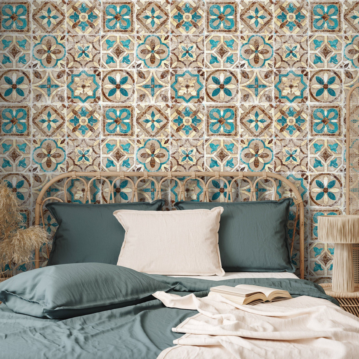 Portuguese Tile Wallpaper Geometric Wallpaper Moroccan Wallpaper Spanish Peel and Stick and Traditional Wallpaper Teal Brown - A552