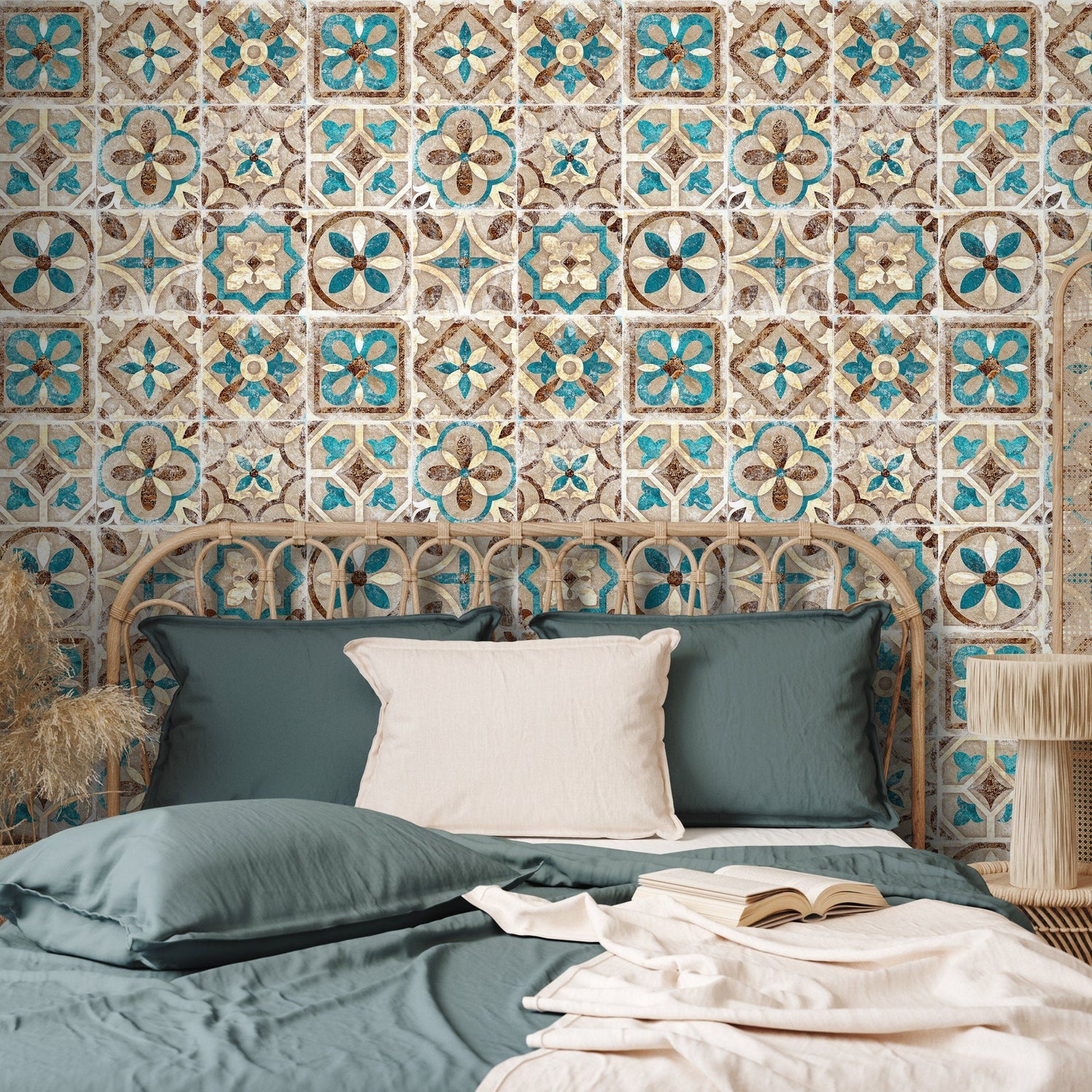 Portuguese Tile Wallpaper Geometric Wallpaper Moroccan Wallpaper Spanish Peel and Stick and Traditional Wallpaper Teal Brown - A552