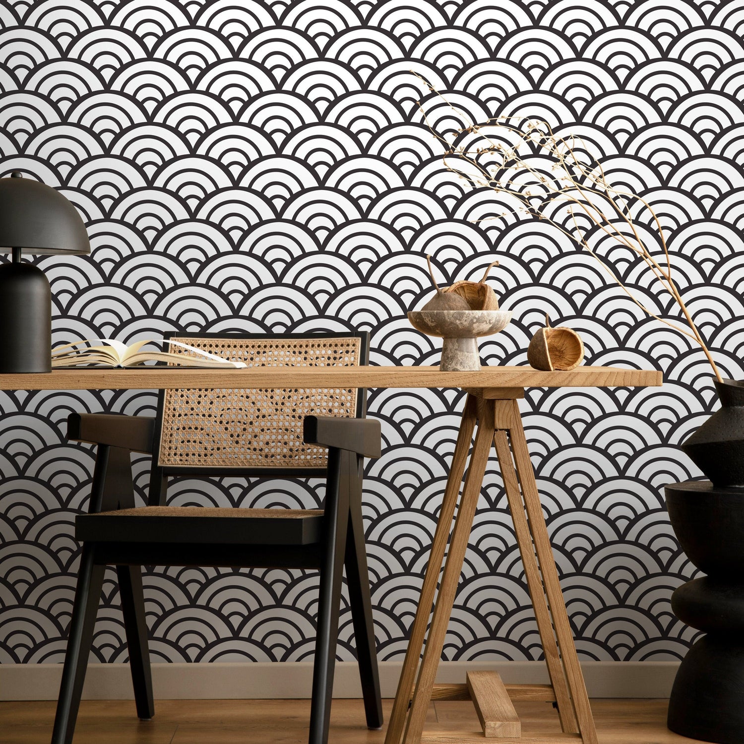 Black and White Wallpaper Boho Scollops Wallpaper Peel and Stick and Traditional Wallpaper - A590