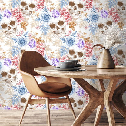 Colorful Tropical Skull Wallpaper Floral Gothic Wallpaper Peel and Stick and Traditional Wallpaper - A364