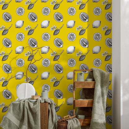 Wallpaper Removable Wallpaper Peel and Stick Wallpaper Wall Decor Home Decor Wall Art Room Decor / Yellow Vintage Lemon Wallpaper - A017