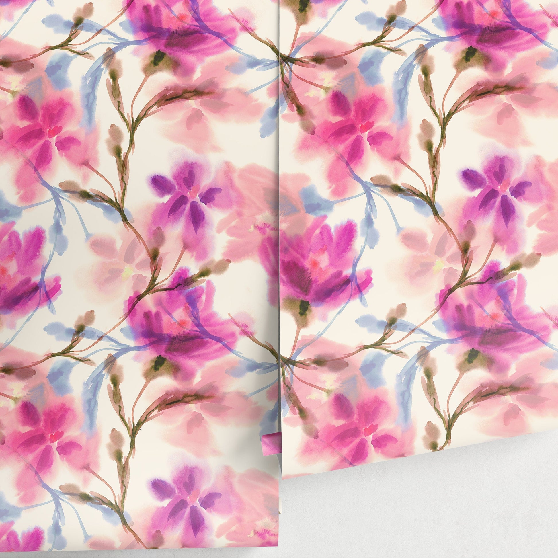 Wallpaper Peel and Stick Wallpaper Removable Wallpaper Home Decor Wall Art Wall Decor Room Decor / Pink Floral Watercolor Wallpaper - A030