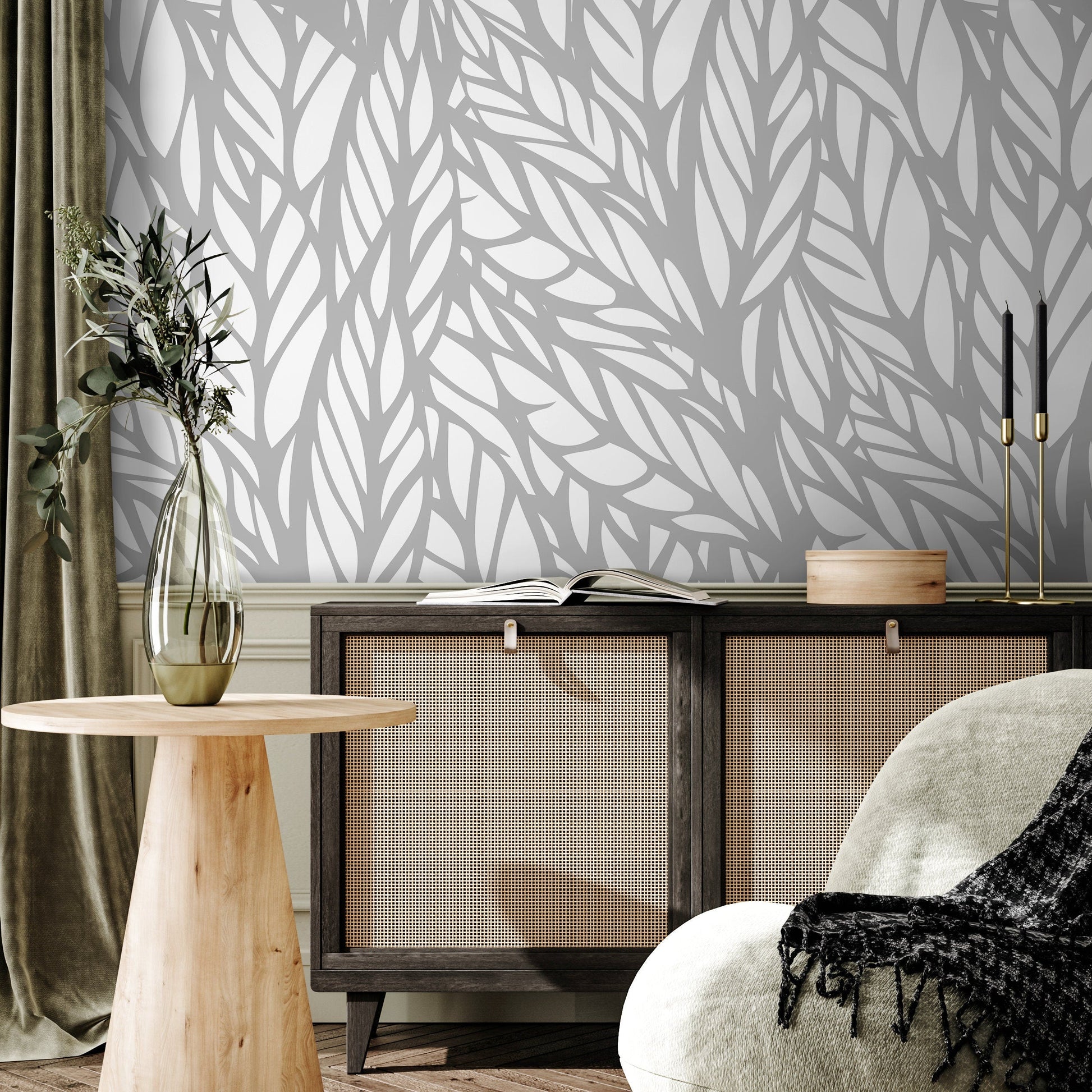 Wallpaper Peel and Stick Wallpaper Removable Wallpaper Home Decor Wall Art Wall Decor Room Decor / Gray Modern Leaves Wallpaper - A097