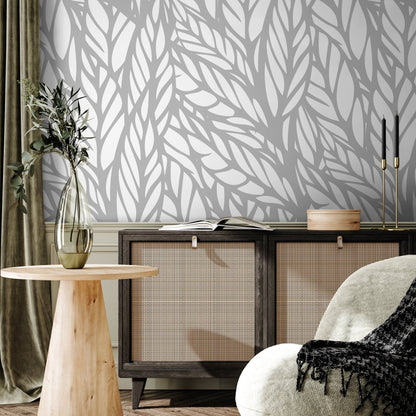 Wallpaper Peel and Stick Wallpaper Removable Wallpaper Home Decor Wall Art Wall Decor Room Decor / Gray Modern Leaves Wallpaper - A097