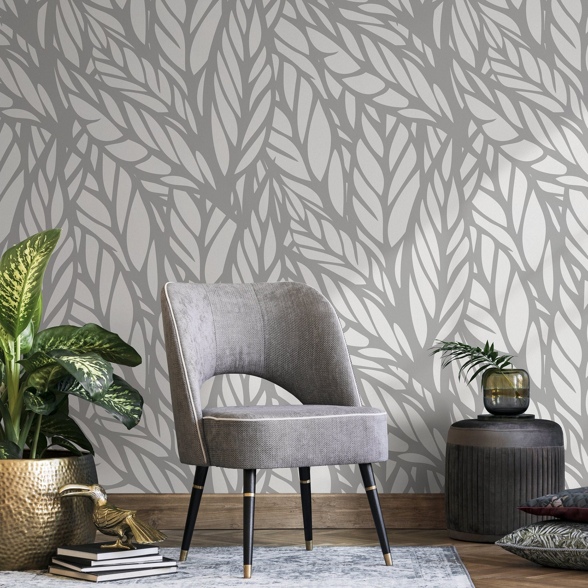 Wallpaper Peel and Stick Wallpaper Removable Wallpaper Home Decor Wall Art Wall Decor Room Decor / Gray Modern Leaves Wallpaper - A097